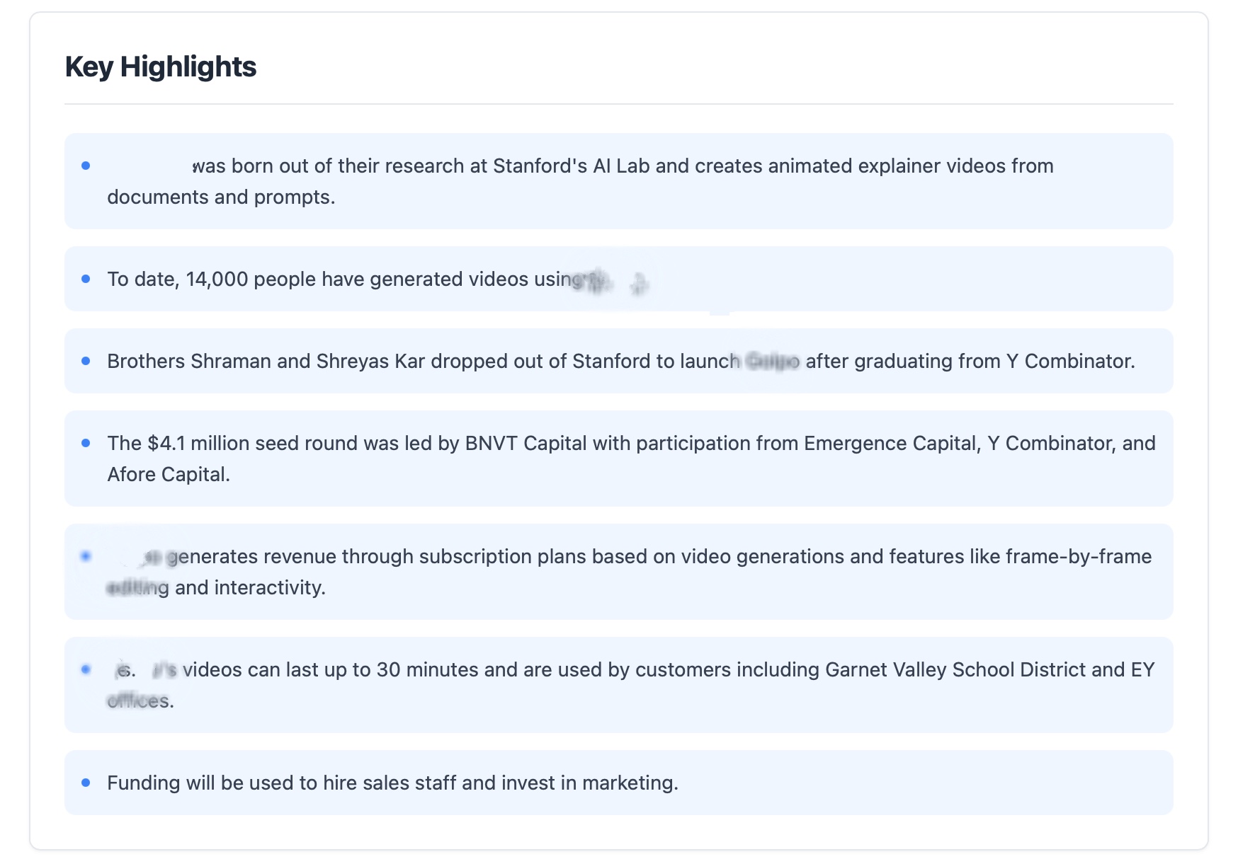 AI-generated insights example showing key highlights from a recently funded company