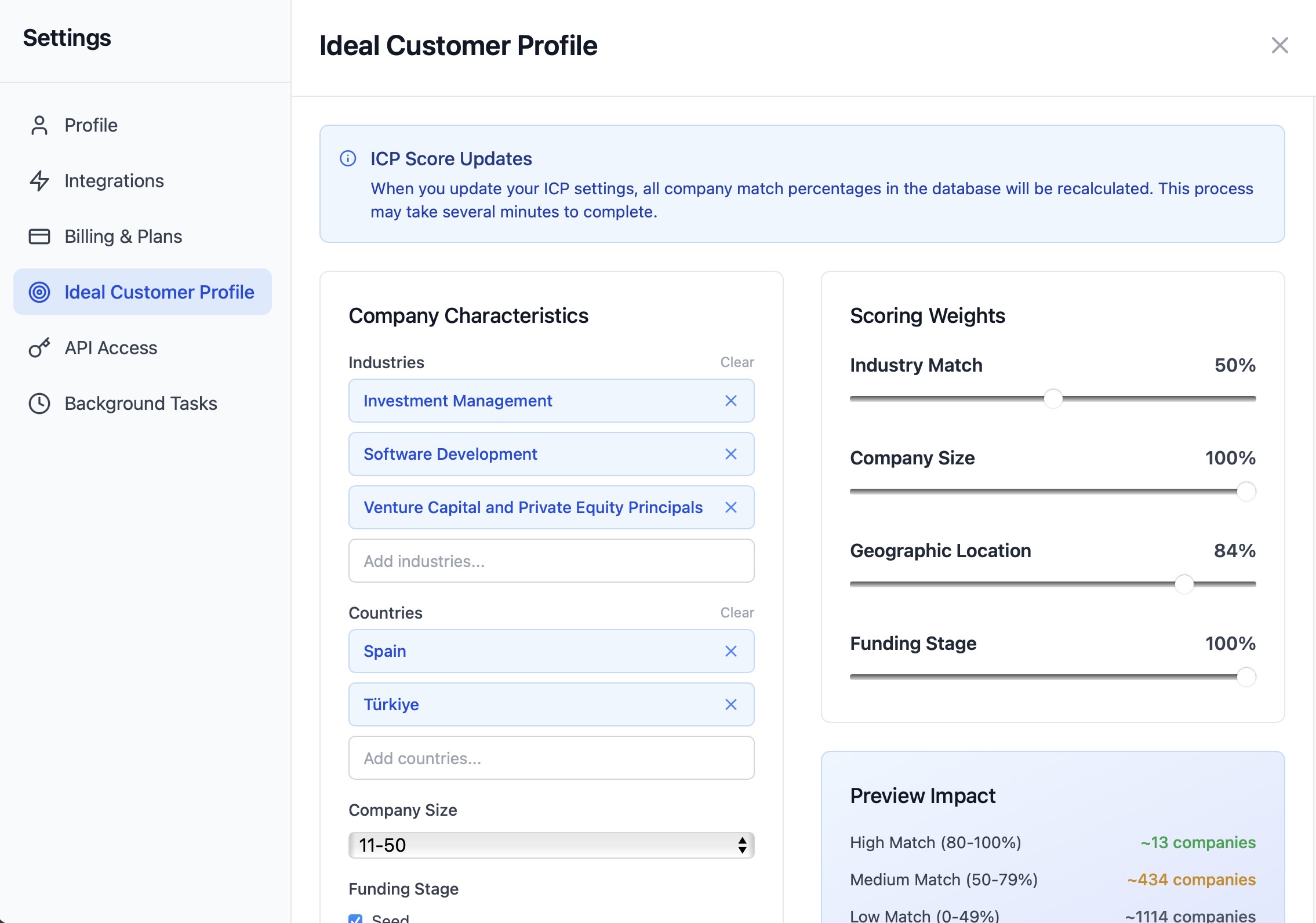 Ideal Customer Profile (ICP) Definition Screen