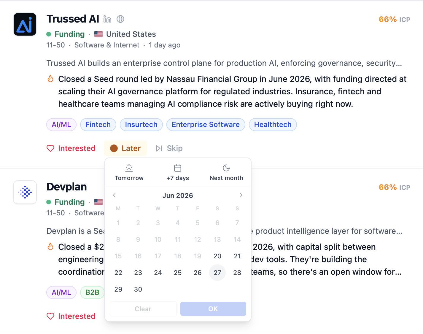 A feed card showing the ICP match, the funding trigger, open roles, and the reason to reach out, all in one view