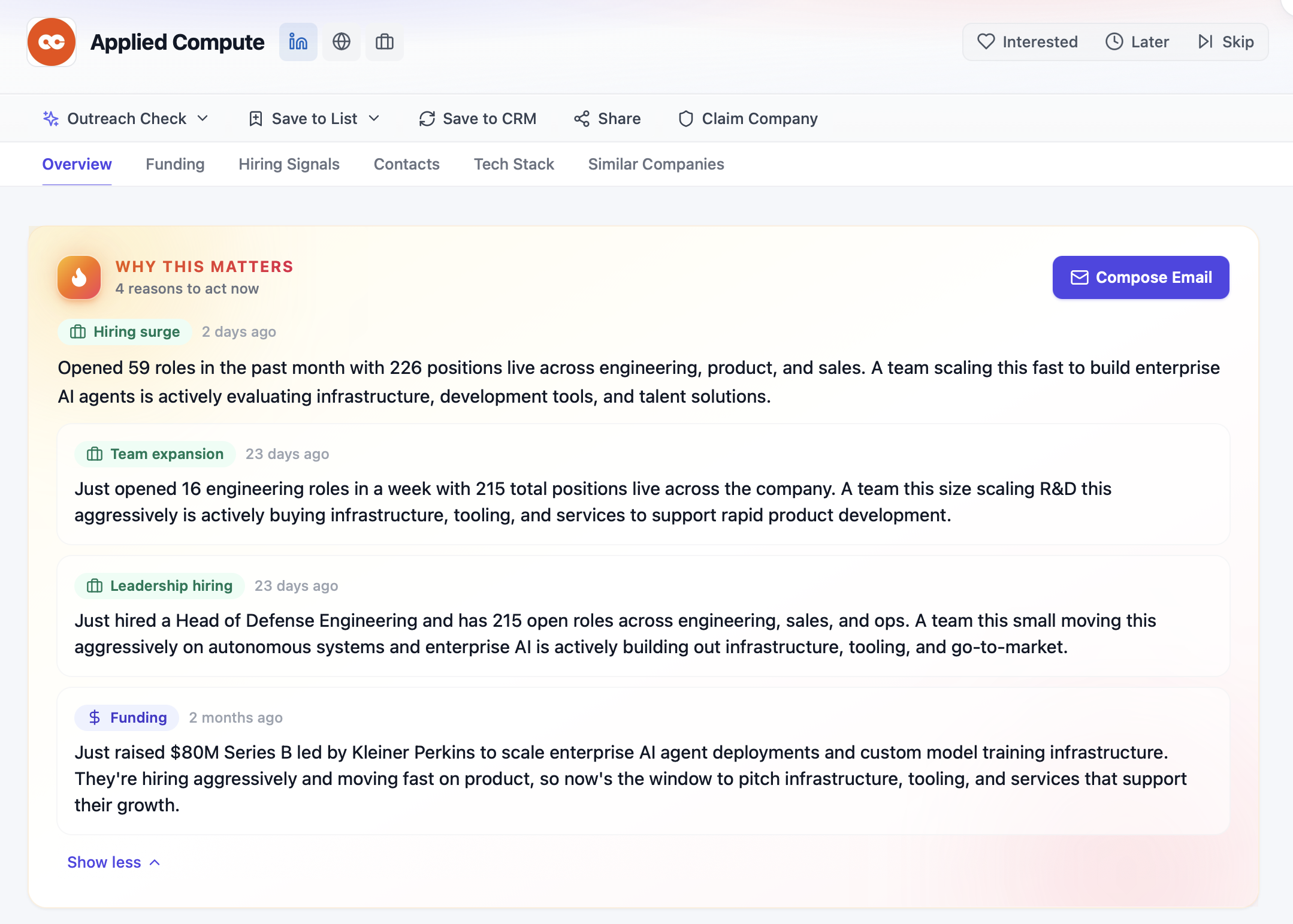 A funded company read as a whole: the funding, spend intent, and hiring narratives shown together in one view