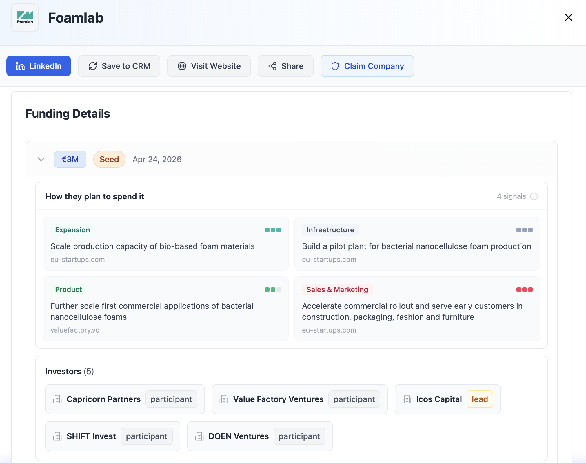 Spend intents shown in the company details modal under each funding round