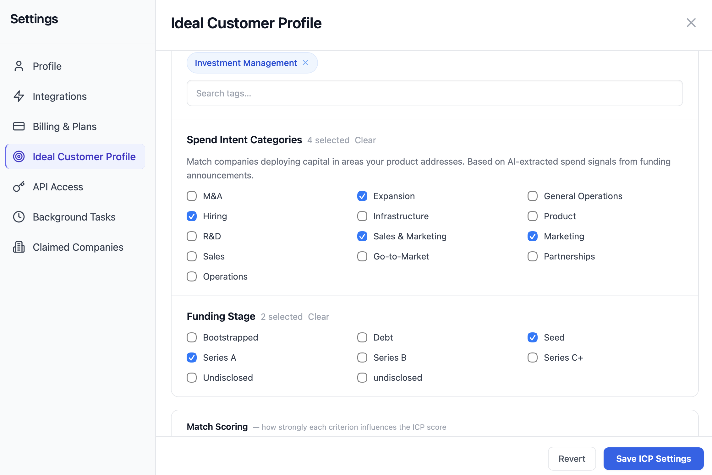Spend Intent Categories in ICP settings