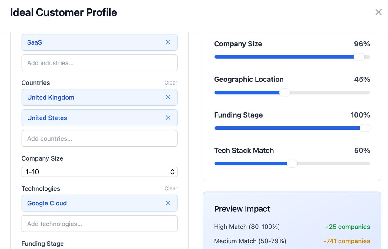 ICP Settings with Technologies and Tech Stack Match weight