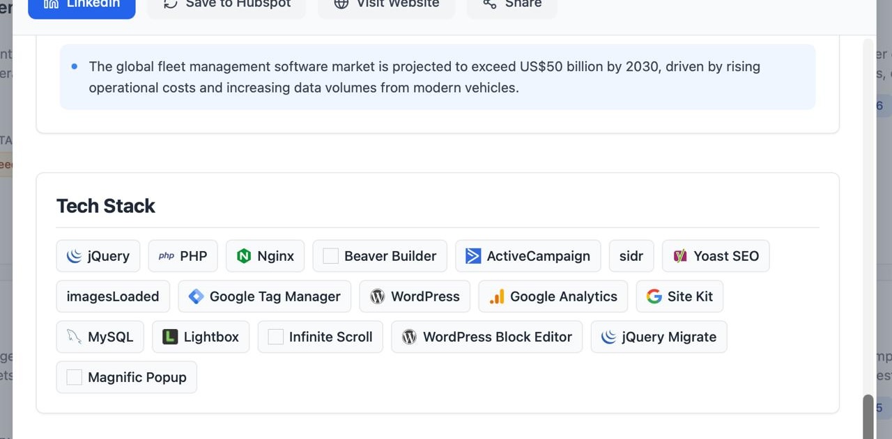 Tech stack in Company Details Modal